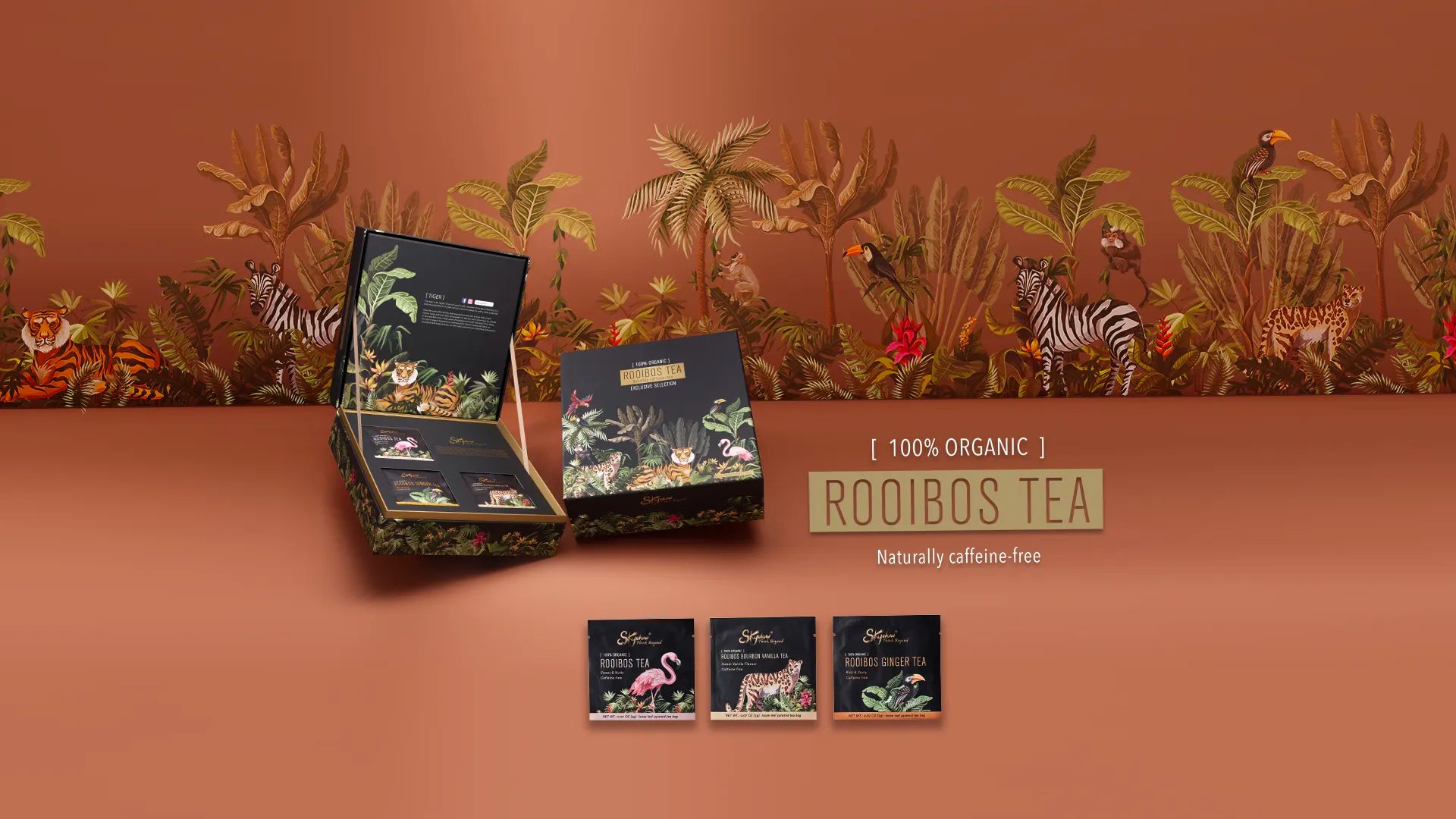 Skywow Organic Rooibos Tea Exclusive Selections with original, ginger and bourbon vanilla flavours. Individually packed pyramid teabags